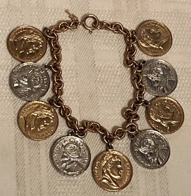 Vintage 1950s Coin Charm Bracelet Napoleon Coins Vasco Nunez de Balboa Coins 8''