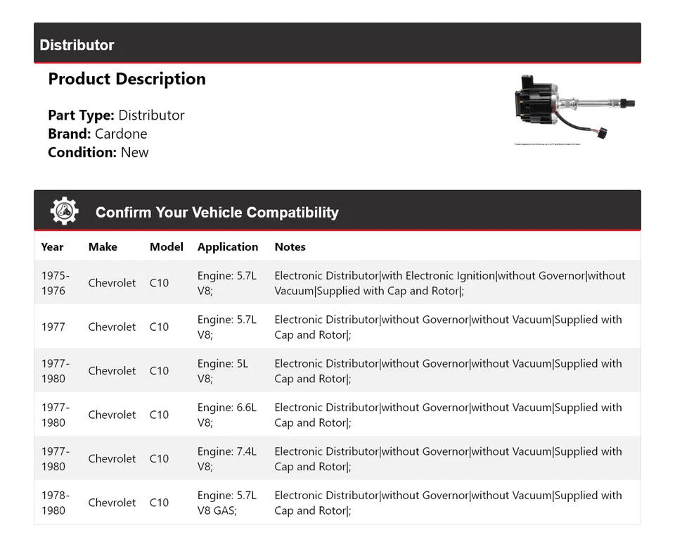Para Chevrolet C10 1975-1980 Distribuidor Cardone 1976 1977 1978 1979 Foto 2 de 4