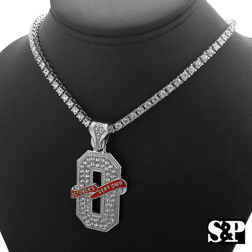 Hip Hop Silver Plated OVO O Pendant Full Iced 1 ROW Simulated Diamond Chain Set - Afbeelding 11 van 18