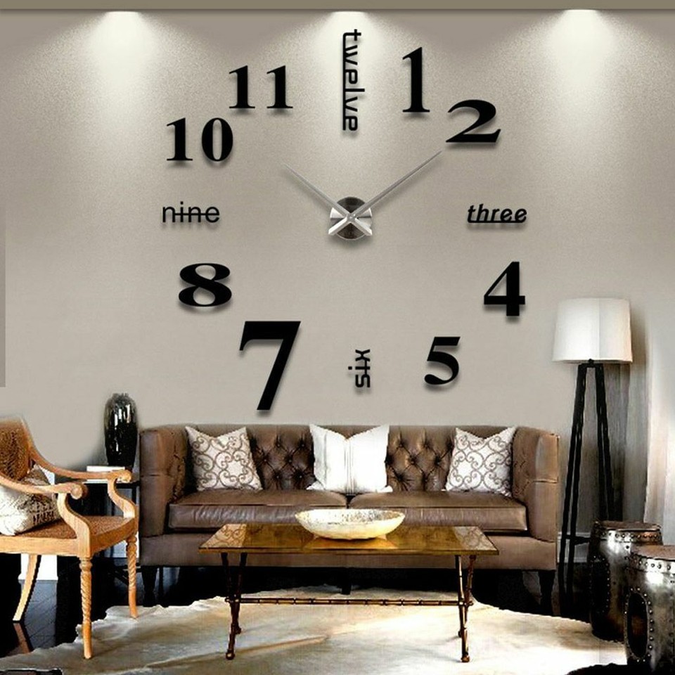 Large Modern DIY Wall Clock 3D Mirror Surface Sticker Set Home Decor Art Design
