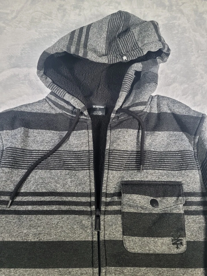 ZooYork Sudadera con Capucha Para Hombres M Gris Negro Rayas Cremallera Completa Y2K Monopatín Forrado Sherpa Foto 2 de 4
