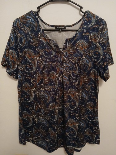 a. Jesdani Blue Paisley Stretch Knit Babydoll Top 1X Tunic Casual Shirt