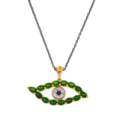 Damen Grün Chromdiopsid Böser Blick Charm Anhänger, Sterlingsilber Halskette