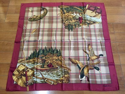 Ralph Lauren scarf 90s lure fishing 100% silk size 87 x 88 cm red x brown check