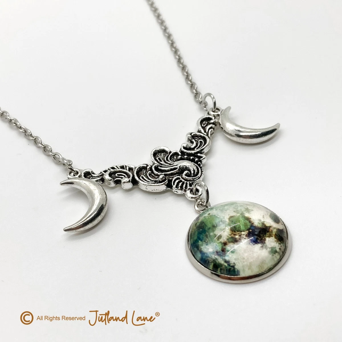 Triple Moon Necklace Goddess Moon Pendant Silver Wiccan Jewelry