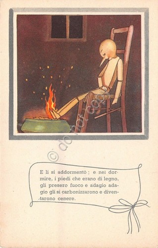 Cartolina - Illustrata - Pinocchio - i piedi di legno prendono fuoco