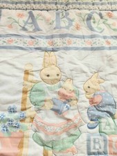 Vintage 1986 Red Calliope Bunny ABC Baby Quilt AND blue pleated crib skirt