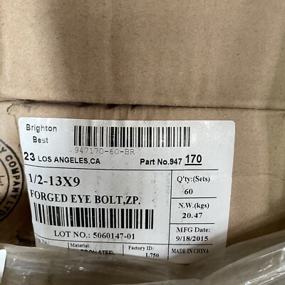 (4 PC LOT) BRIGHTON BEST FORGED EYE BOLTS 1/2 -13X9 *FREEE SHIPPING*