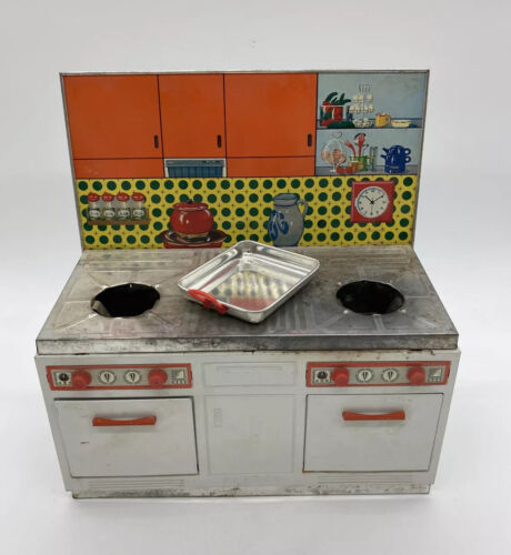 Vintage Western Germany Large Tin Litho Stove Nostalgic Dollhouse Oven - Afbeelding 1 van 11