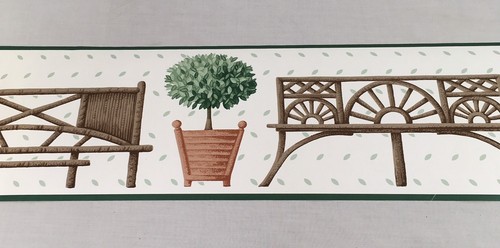 Lot Of 3 Rolls Wallpaper Border Country Garden Bench Shrub Topiary GREEN Beige - Picture 4 of 5