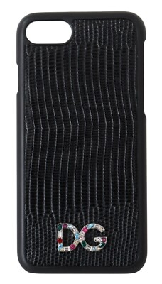 DOLCE & GABBANA Handyhülle schwarz Leder Kristall DG Logo iPhone 7-8 UVP 300 $