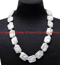 Natural 15x20mm White Retangle Shape Baroque Freshwater Pearl Necklace 18" AAA
