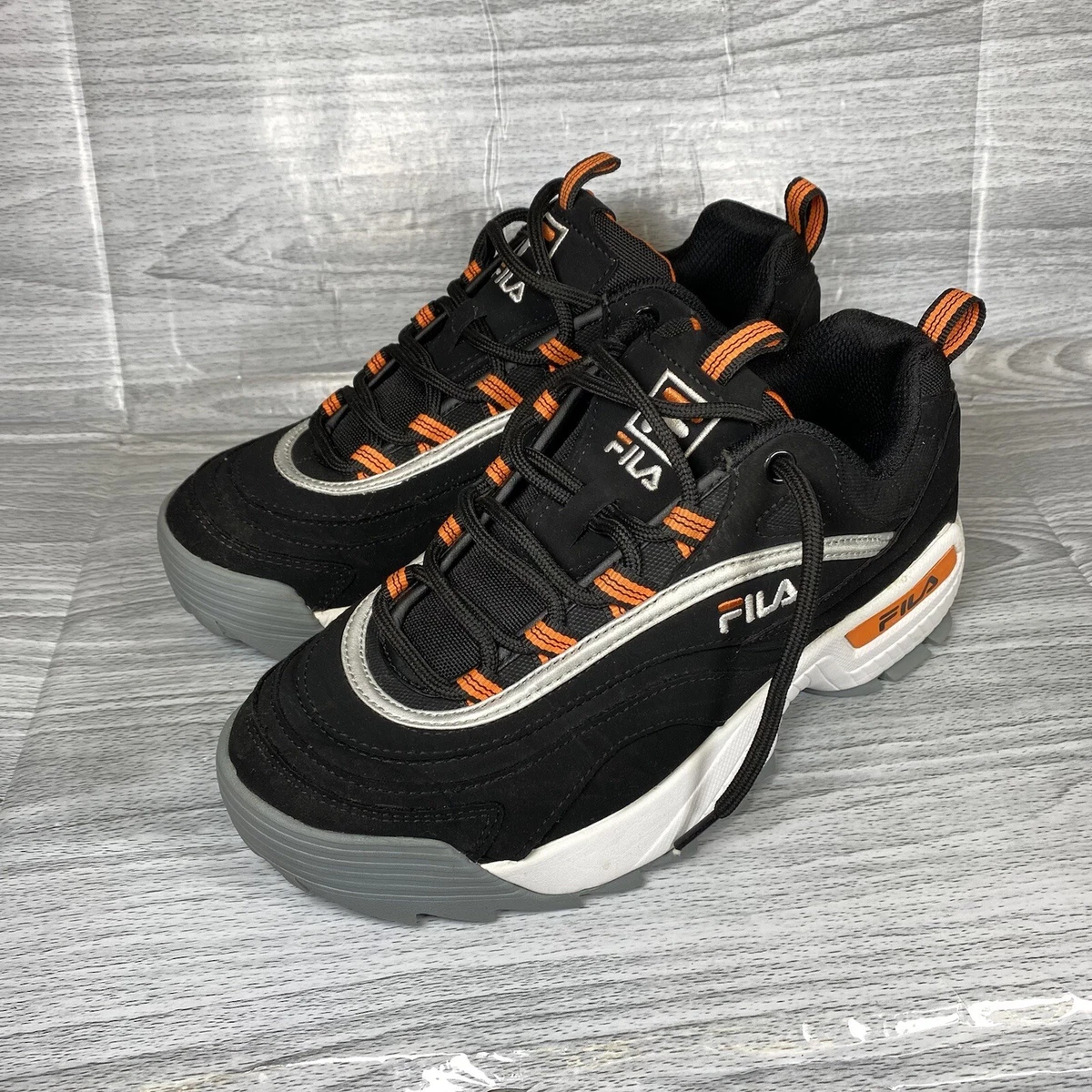 Scarpe da ginnastica rare Fila Disruptor 2 nere arancioni bianche grosse donna U