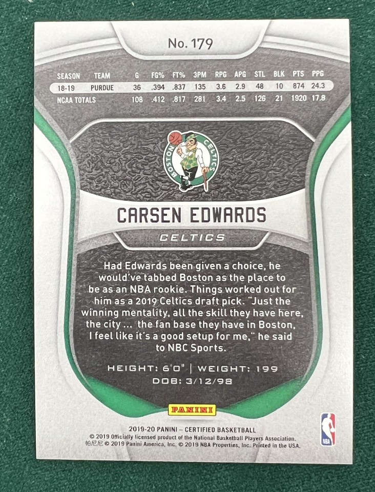 Carsen Edwards RC 201920 Panini Certified Gold /10 BOSTON CELTICS PISTONS eBay