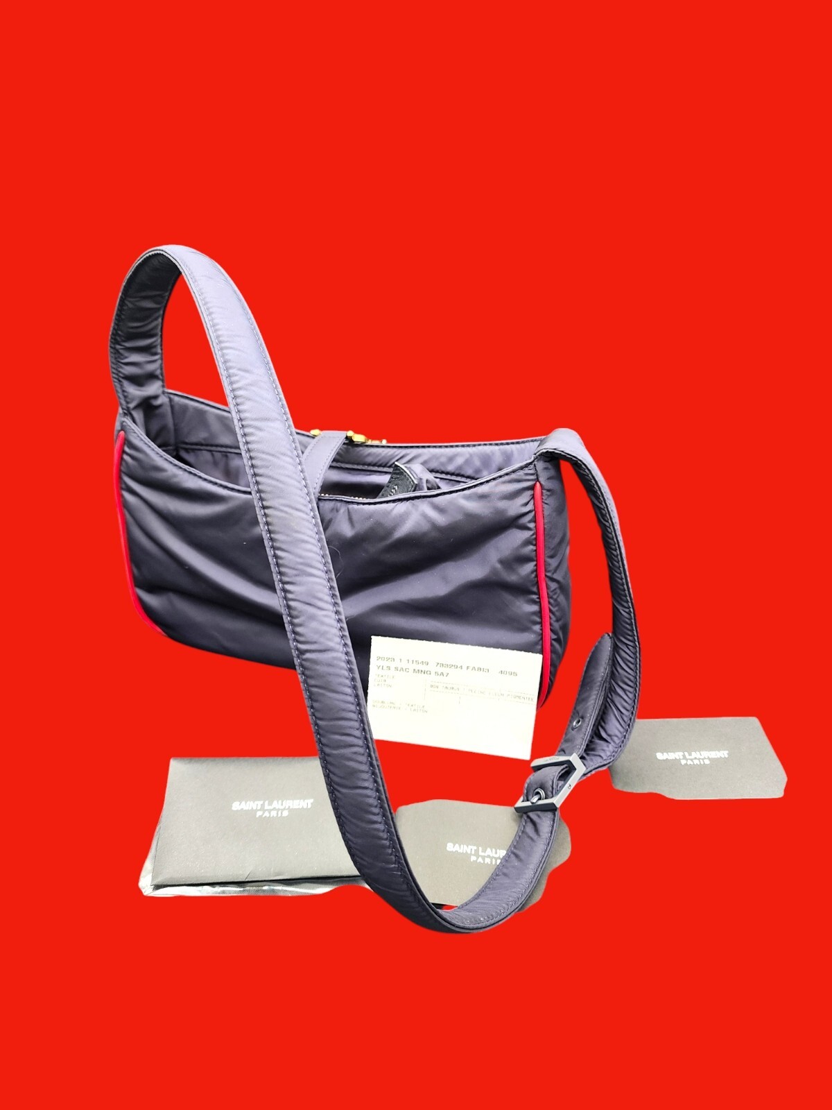 Borsa Saint Laurent Le 5À7 Mini Nylon Nero e Rosso Bordo Pelle YSL Serie #733294