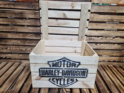 HARLEY DAVIDSON RUSTIKALE HOLZ APPLE BOX KISTE KOFFER - MANNSHÖHLE / SIE SCHUPPEN