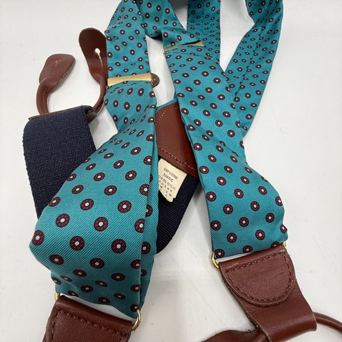 Silk & Leather Button Suspenders Braces Teal Turquoise W Germany - Picture 2 of 5