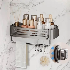 Shower Caddy Suction Cup No Drilling Bathroom Shelf Corner with 6 Portable Hooks