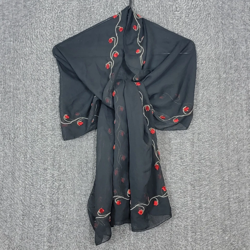 Bufanda envolvente Cejón para mujer negra de gasa transparente con rosas bordadas florales 70x20 Foto 2 de 4