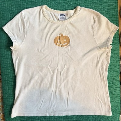Old Navy Y2K Halloween Baby Tee Women s XL White Sparkly Orange Pumpkin 90s