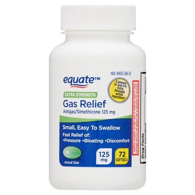 Equate Extra Strength Gas Relief Simethicone 125 mg Softgels, 72 Count.