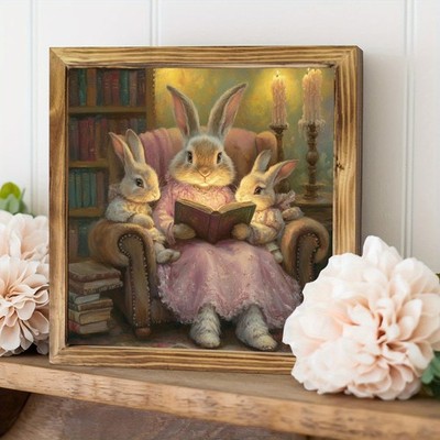 Easter Bunny Reading Design Wooden Plaque Spring Season Desk Decoration Gift