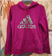 adidas Pink Pullover Fleece Hoodie Leopard Logo Pocket Womens Regular M