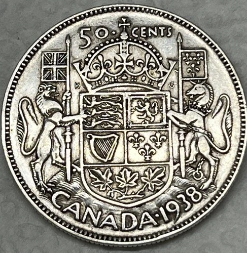 1938 50c Fifty Cents Silver Coin Canada Half Dollar.