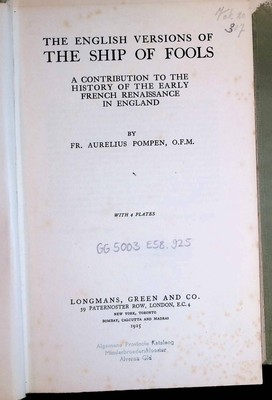 The English Versions of the Ship of Fools: A Contribution to the Early History o