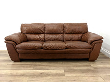 SOFA 3 Seater Tobacco Brown Leather Sewn In Cushions Wooden Feet FREE DELIVERY