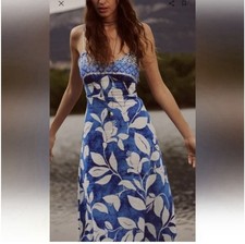 ZARA Linen Midi Dress in Blue Hawaii Style Print Size Large (k)