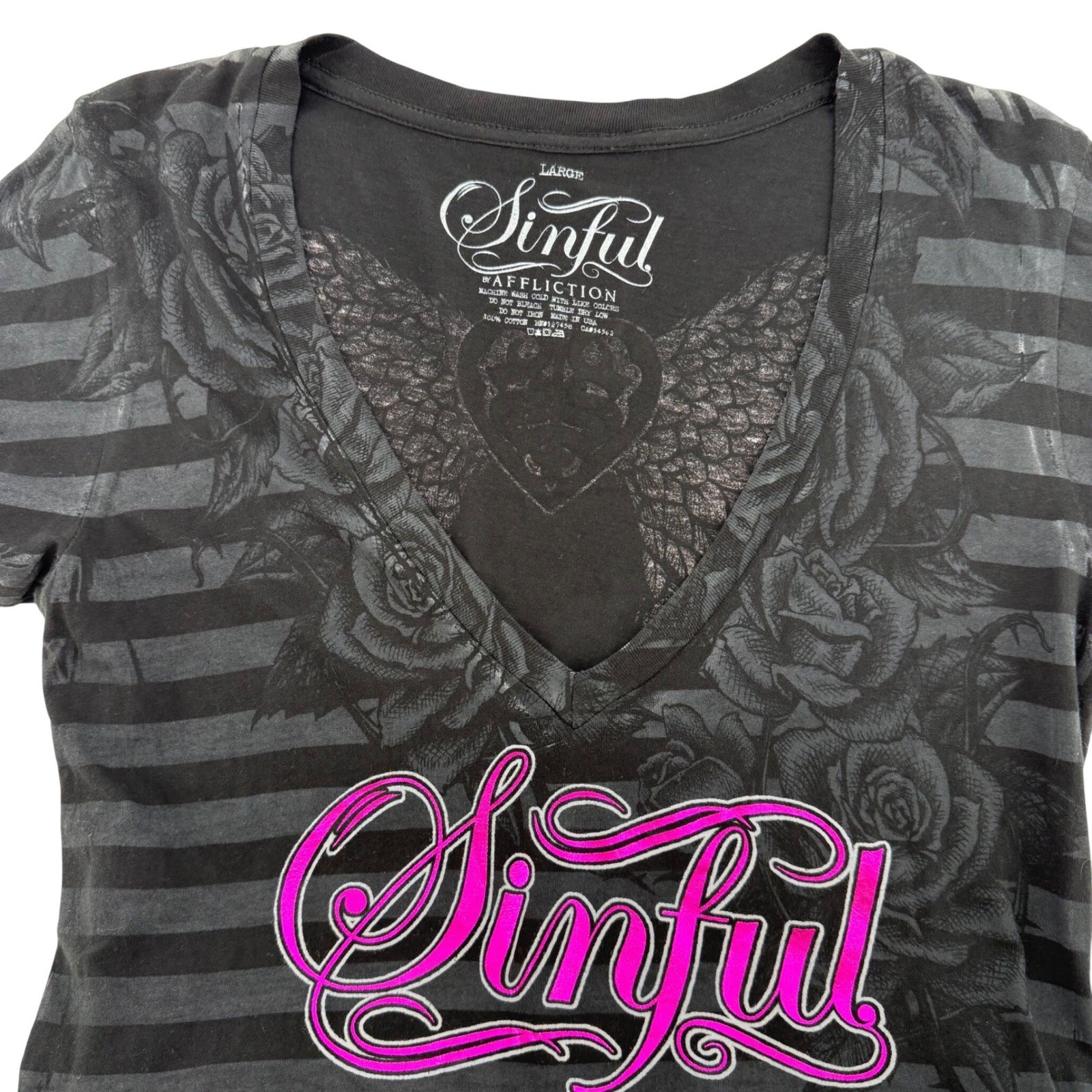 Sinful by Affliction Striped Roses Wings Shirt Womens Large Y2K USA Black Pink