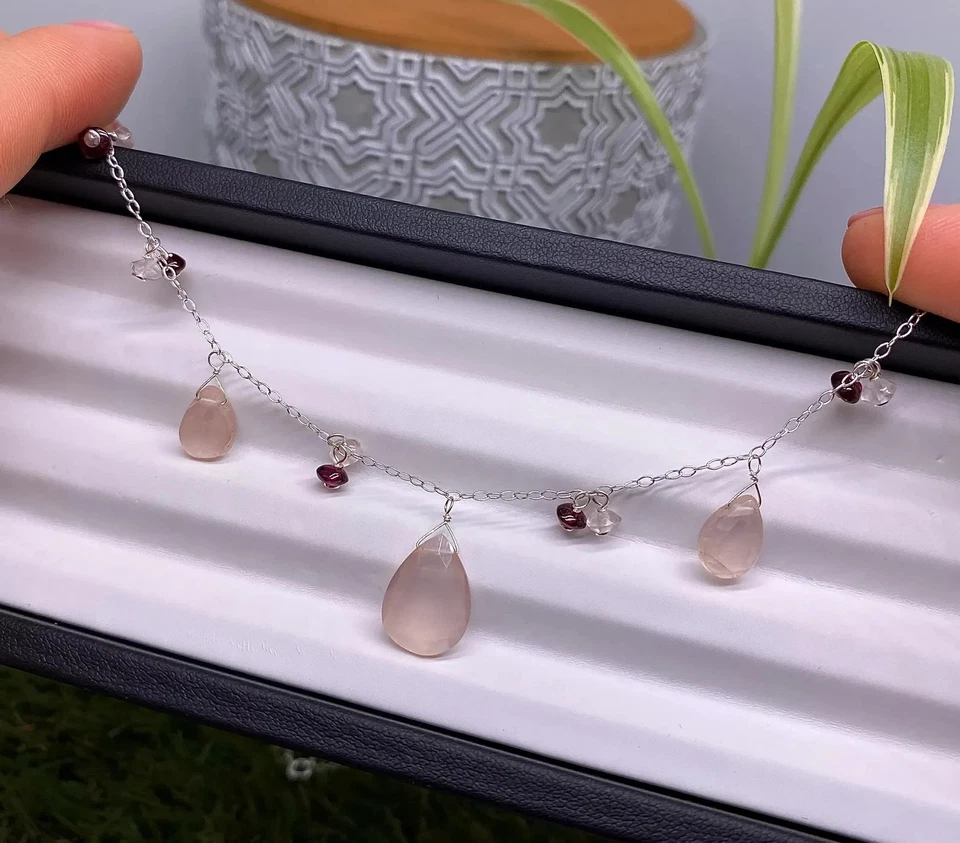Collar de cuarzo rosa briolette natural y rodolita, plata 925. 18 pulgadas Foto 3 de 4