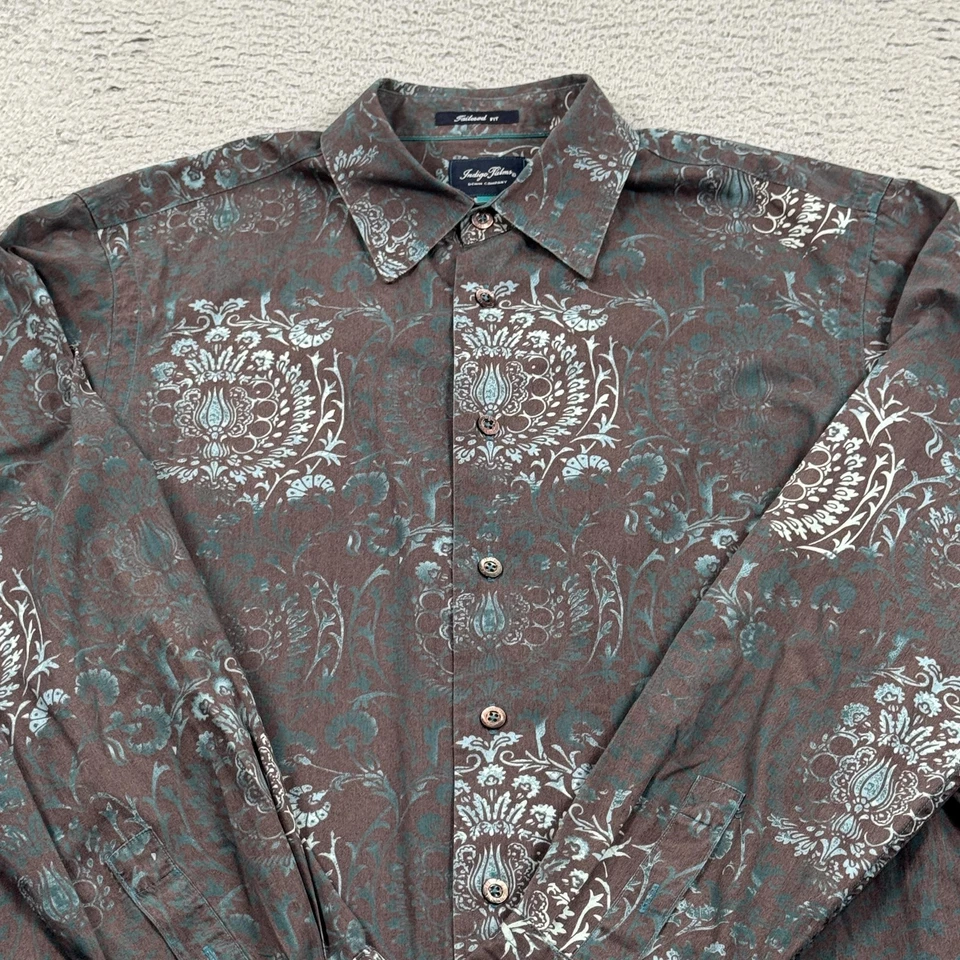 Indigo Palms Shirt Mens Large Brown Blue Tailored Fit Floral Button Up Casual - Image 4 of 4