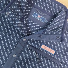 Vineyard Vines Fleece Pullover Snap Neck Quarter Zip Navy White Pattern Mens M