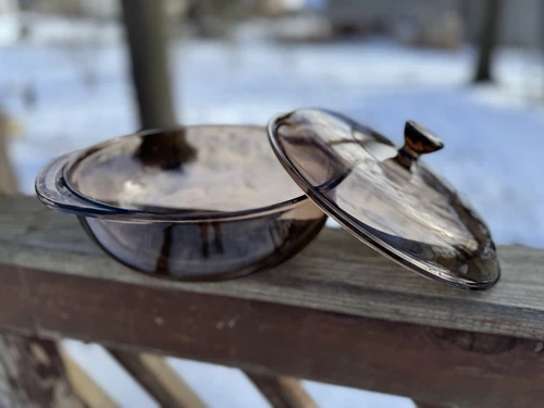 VTG Pyrex 1.5L Round Casserole Baking Dish Brown Amber Glass, 023 With Lid