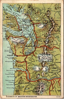 Map of Highways of Western Washington 1930 White Border Postcard M575