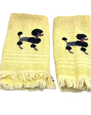 2 Vtg Poodle CANNON Finger Towels Yellow w/Gray/Black Poodles 15x11'' Fading-READ