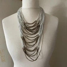 Statement Necklace Multi strand White Gold Seed Bead Tribal Ethnic Party Holiday