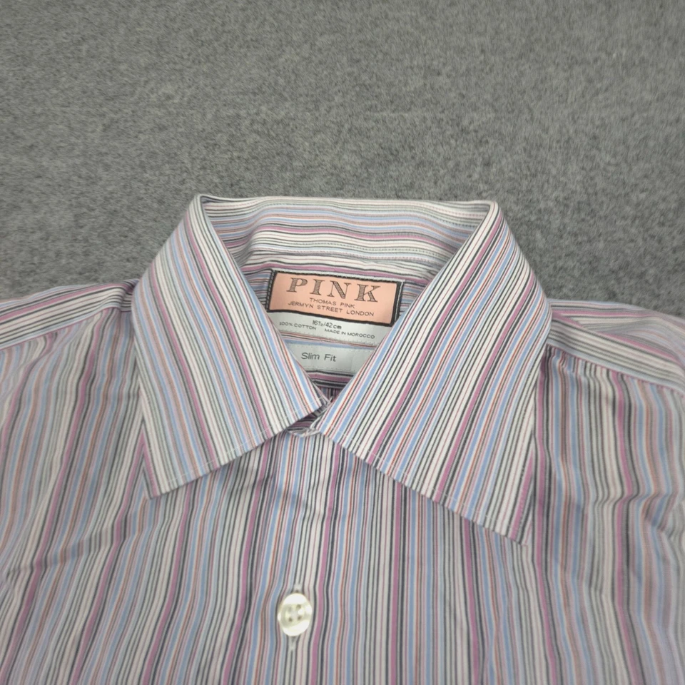 Thomas Pink Shirt Mens LARGE blue long sleeve striped button up collared Size L - Image 2 of 4