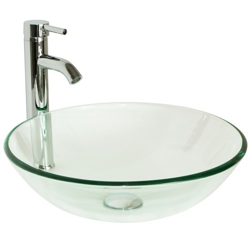 Bathroom Vessel Sink Round Tempered Glass Basin Faucet& Pop-up Drain Combo Set - Picture 8 of 11