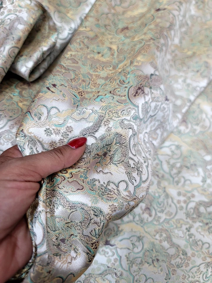 Tecido brocado jacquard padrão asiático por jarda bege sálvia para estofamento social - Imagem 3 de 4