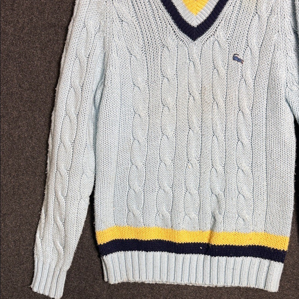 1970s Izod Lacoste Pastel Blue  V-Neck Sweater with Yellow and Navy Trim Large thumbnail 6