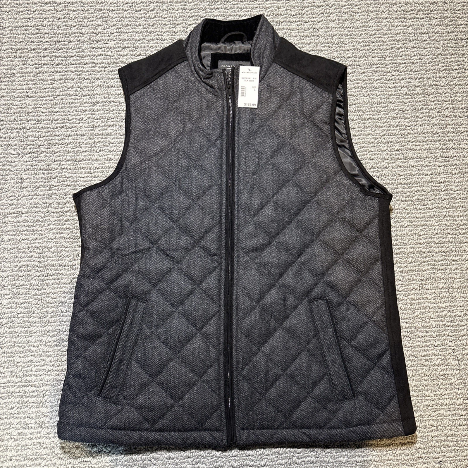 Pronto Uomo Full Zip Gray/Black Quilted Vest Lined With Inside Pocket SZ L- NWT