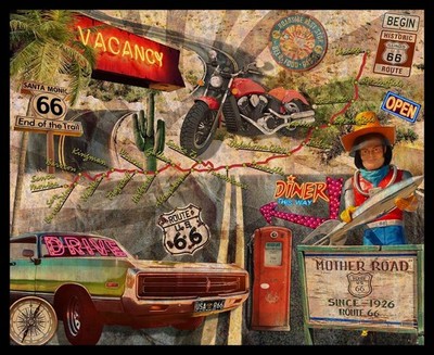 HISTORIC HIGHWAY BLANK QUILTING VINTAGE ROUTE 66 ICONS COTTON FABRIC PANEL 36''