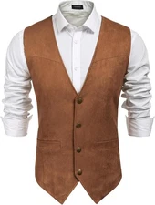 Men's Suede Leather Western Vest Cowboy Style Slim Fit Waistcoat for Party