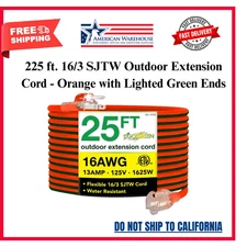 25 ft. 16/3 SJTW Outdoor Extension Cord - Orange with Lighted Green Ends