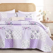 Floral Quilt Set Queen Size Ultra Soft 3 Pieces Queen- 90"x90" Purple