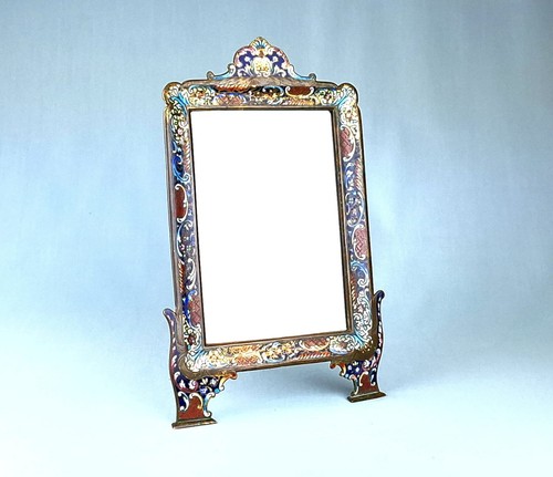 Antique French bronze enamel table mirror, 19thC