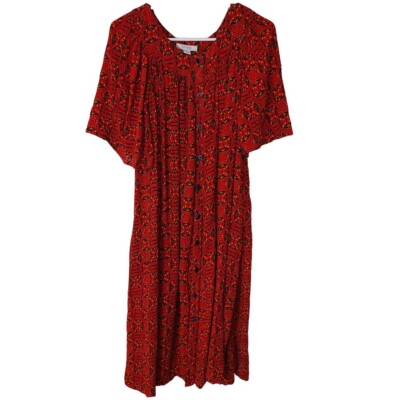 Go Softly Patio Womens L Red Printed Short Sleeve Button Front Rayon Patio Dress